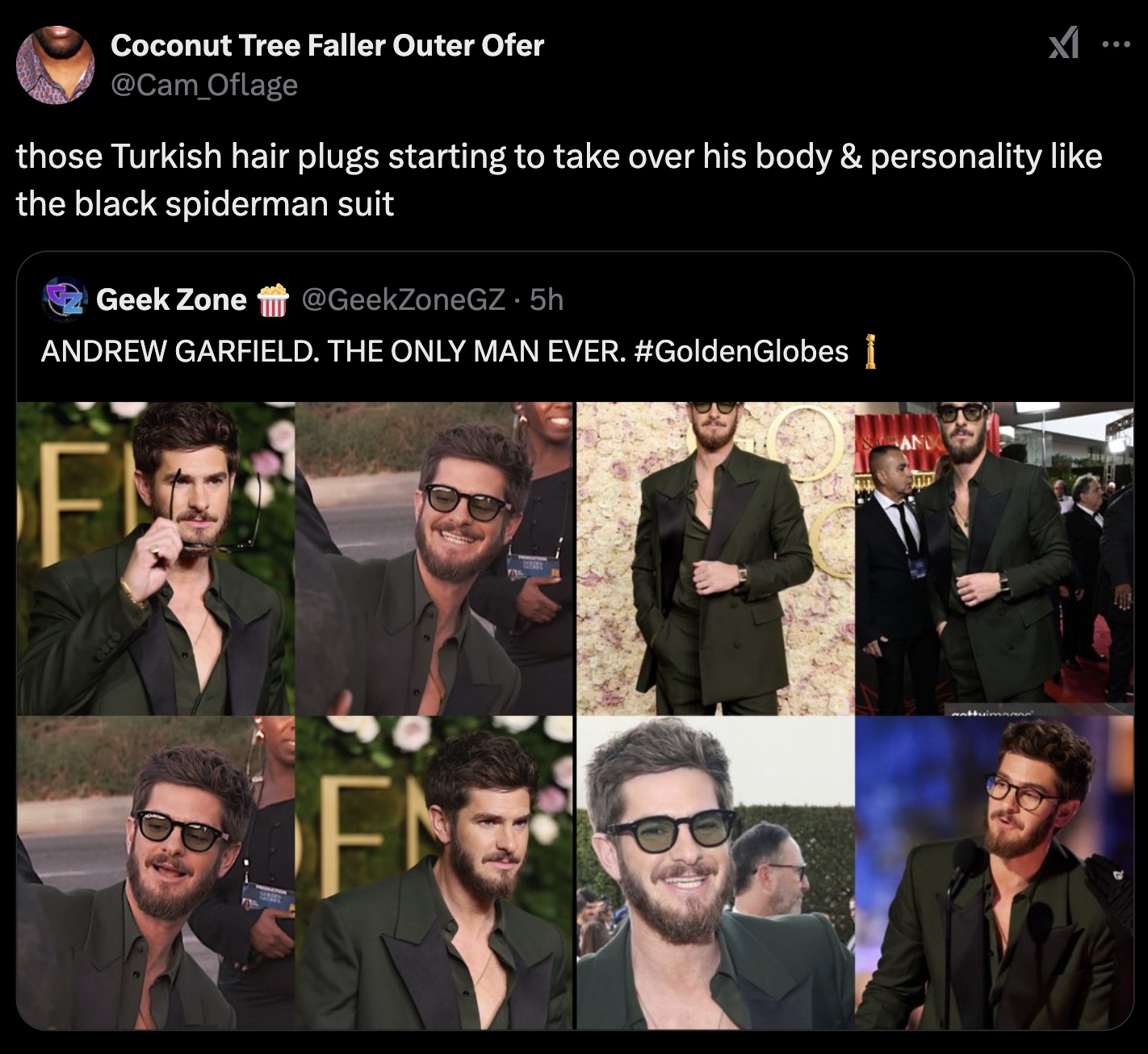 collage - Coconut Tree Faller Outer Ofer M those Turkish hair plugs starting to take over his body & personality the black spiderman suit Geek Zone . 5h Andrew Garfield. The Only Man Ever. Globes 1 F And ann 22 F tuimanne